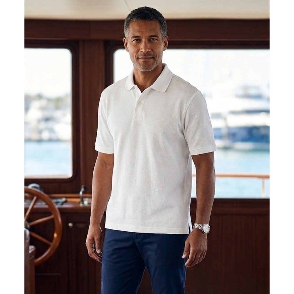 Lands End Mesh Knit Polo Shirt Men's Size L White 100% Cotton Made in USA NWT